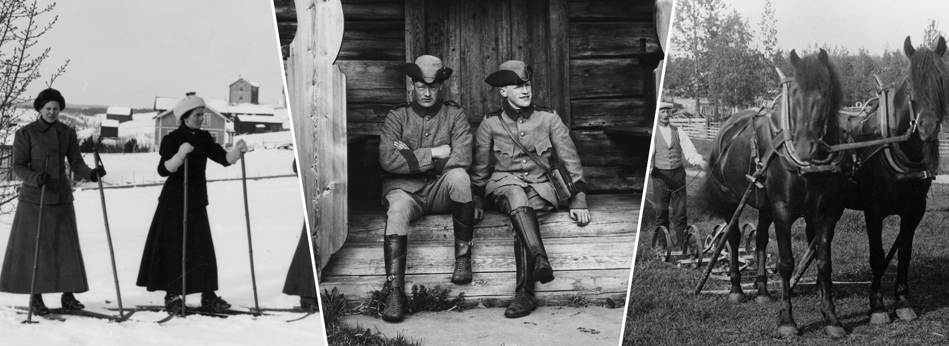 En tredelad bild med svart-vita foton på människor och hästar
